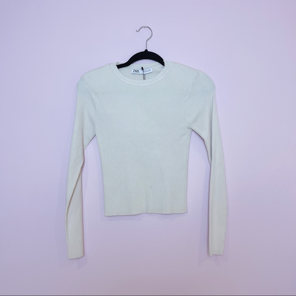Zara Cream Long Sleeve Ribbed Pullover Crewneck